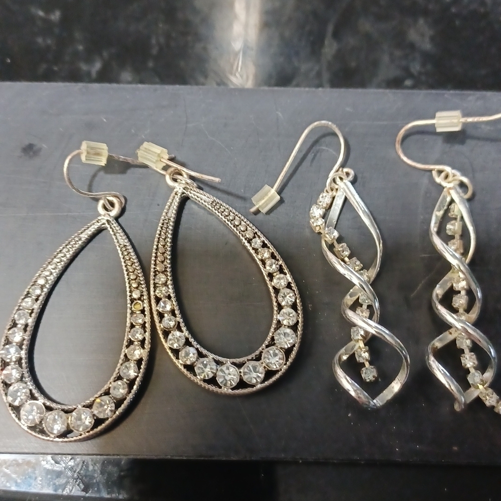 Vintage Earrings, 2 pair, silver color with rhinestones